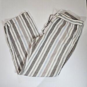 Charter Club Linen Pants Womens Medium Grey‎ Green Stripe Wide Leg Resortwear